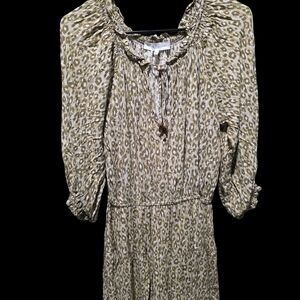 Beige Leopard-Print Long Sleeve Peasant Dress with Tie Neck